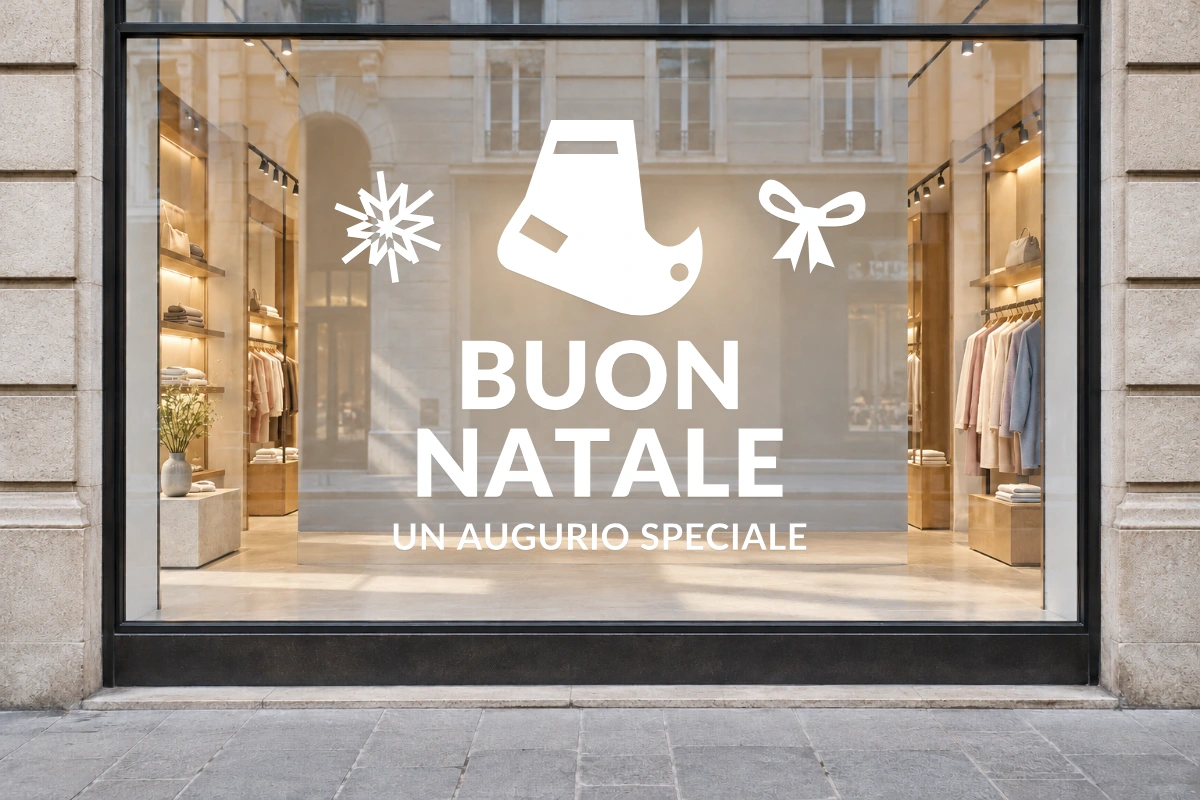 Stivaletto del folletto - Emblema centrale - BUON NATALE - stesso adesivo sulla vetrina; scala indicativa