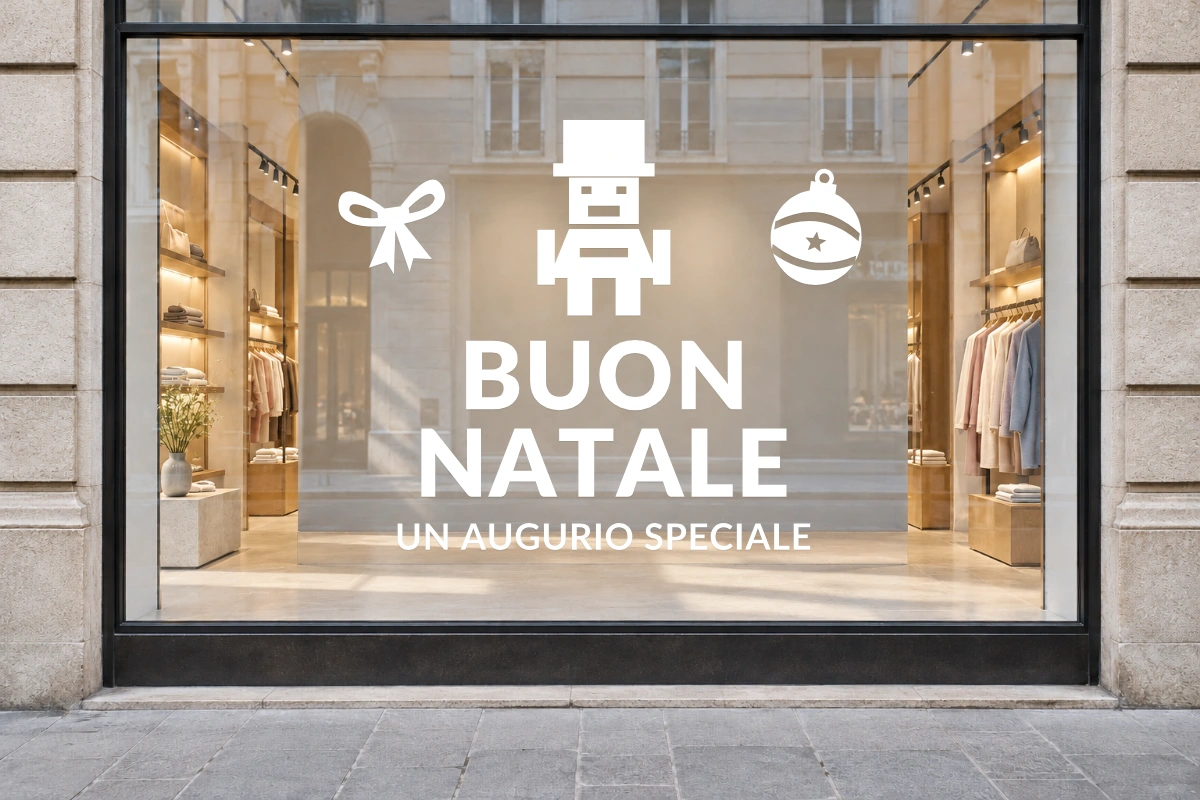 Soldatino delle fiabe - Emblema centrale - BUON NATALE - stesso adesivo sulla vetrina; scala indicativa