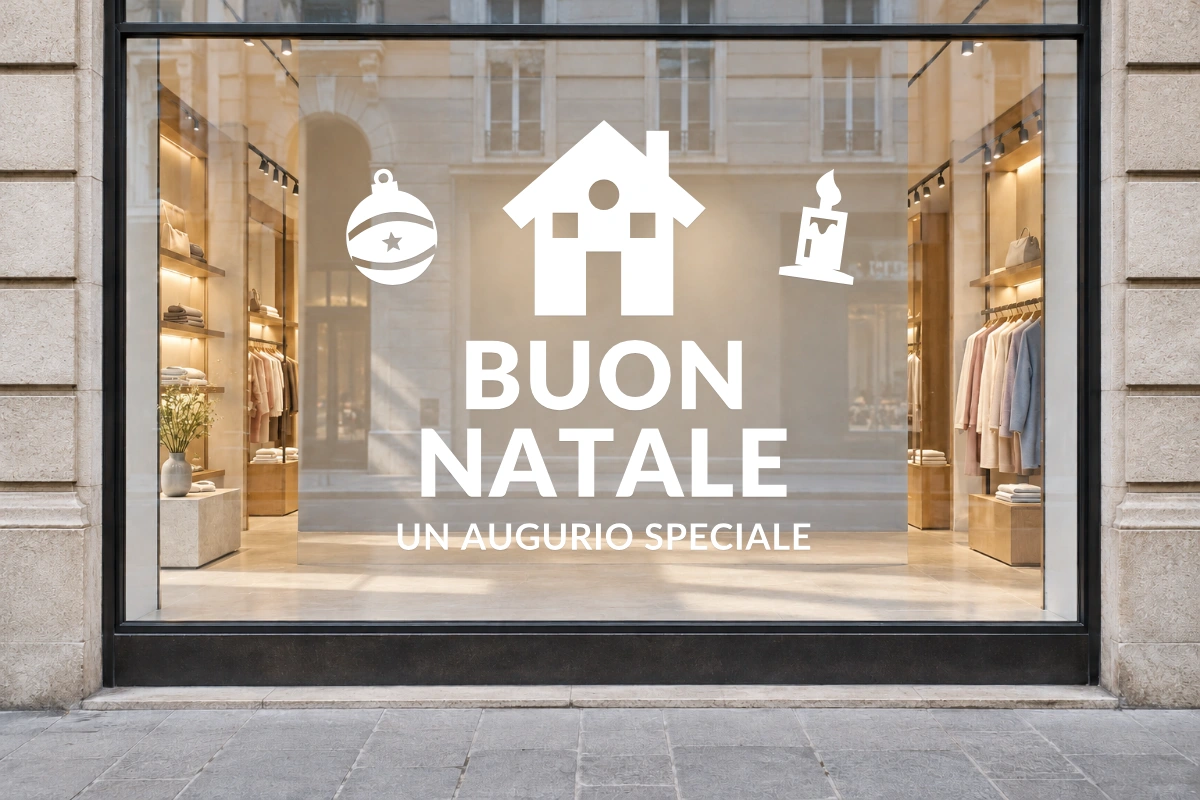 Casetta innevata - Emblema centrale - BUON NATALE - stesso adesivo sulla vetrina; scala indicativa