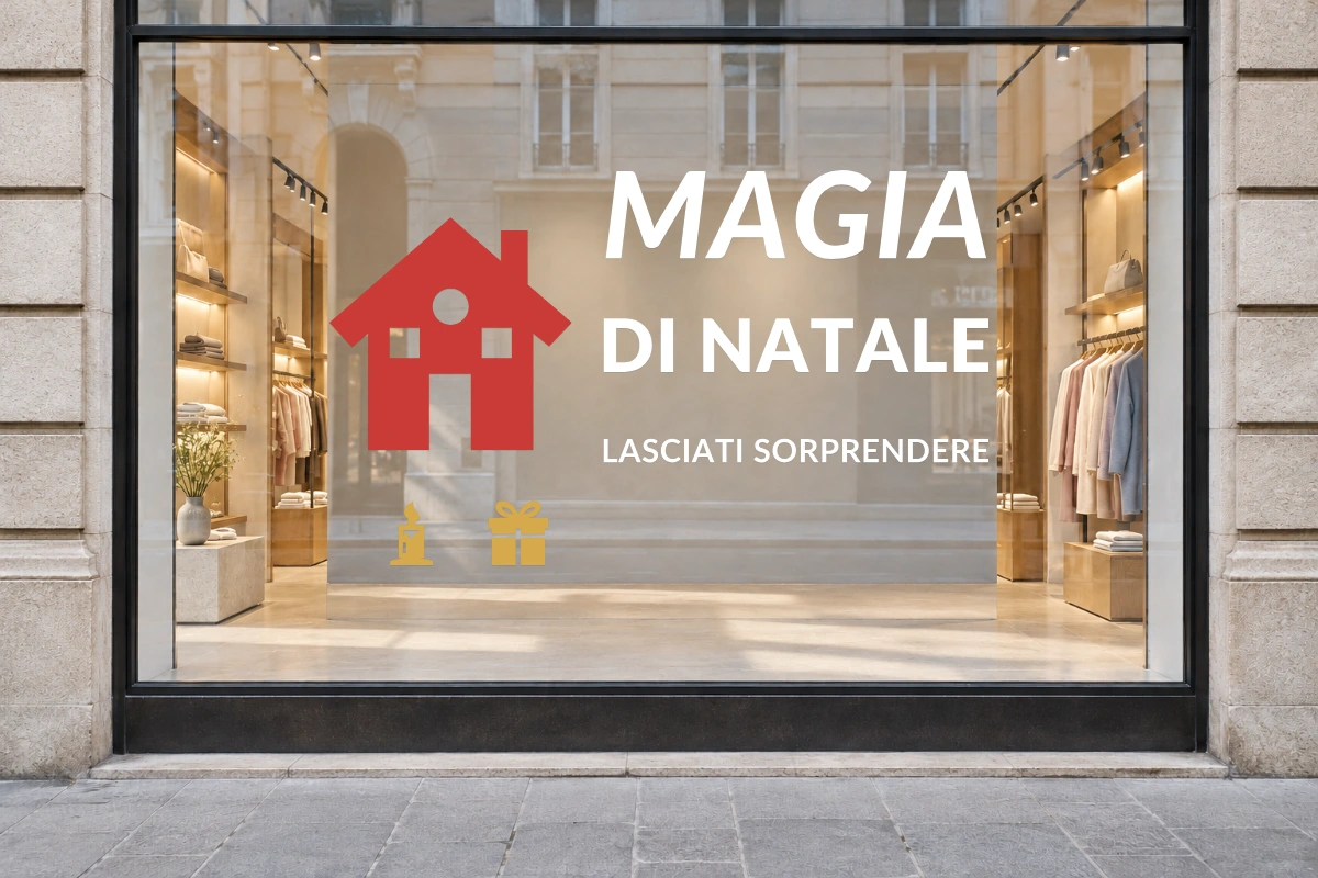 Casetta innevata - Insegna laterale - MAGIA DI NATALE - stesso adesivo sulla vetrina; scala indicativa