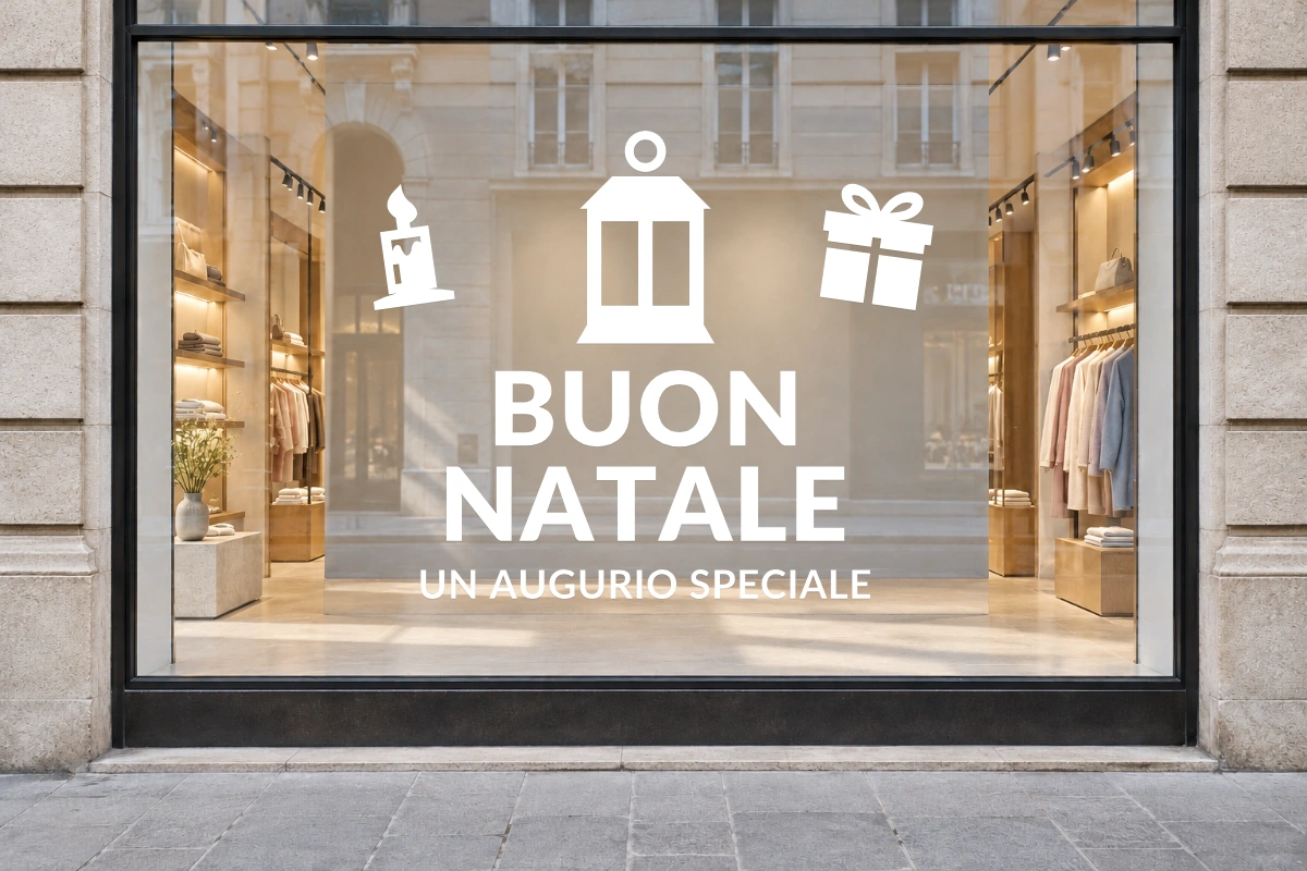 Lanterna della sera - Emblema centrale - BUON NATALE - stesso adesivo sulla vetrina; scala indicativa