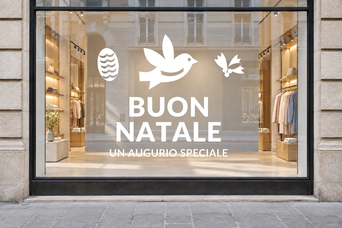 Colomba degli auguri - Emblema centrale - BUON NATALE - stesso adesivo sulla vetrina; scala indicativa