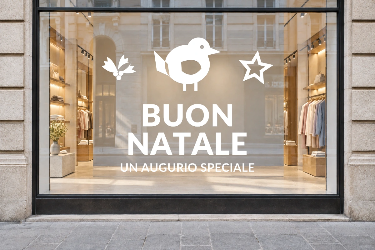 Pettirosso sul ramo - Emblema centrale - BUON NATALE - stesso adesivo sulla vetrina; scala indicativa