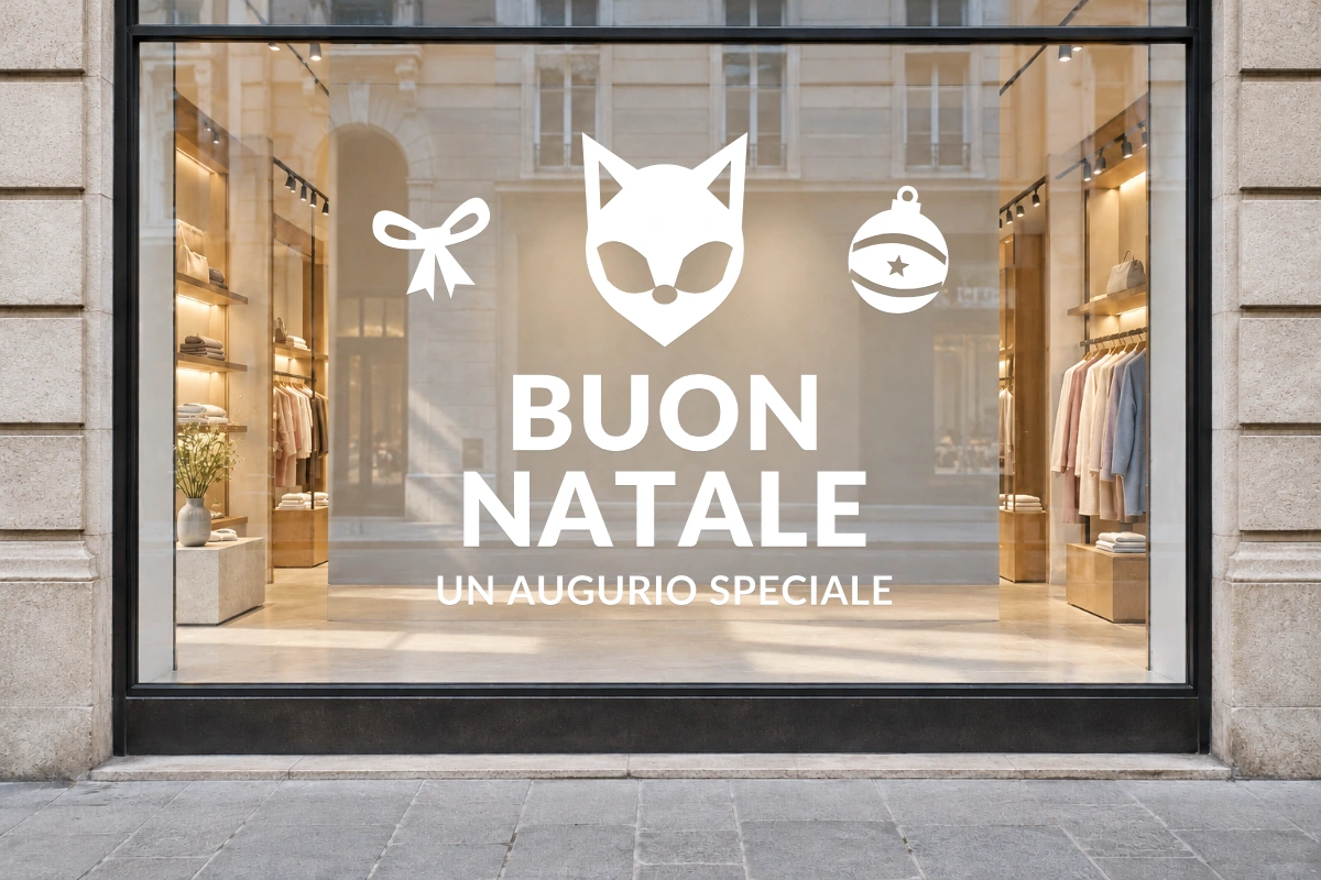 Volpe d'inverno - Emblema centrale - BUON NATALE - stesso adesivo sulla vetrina; scala indicativa