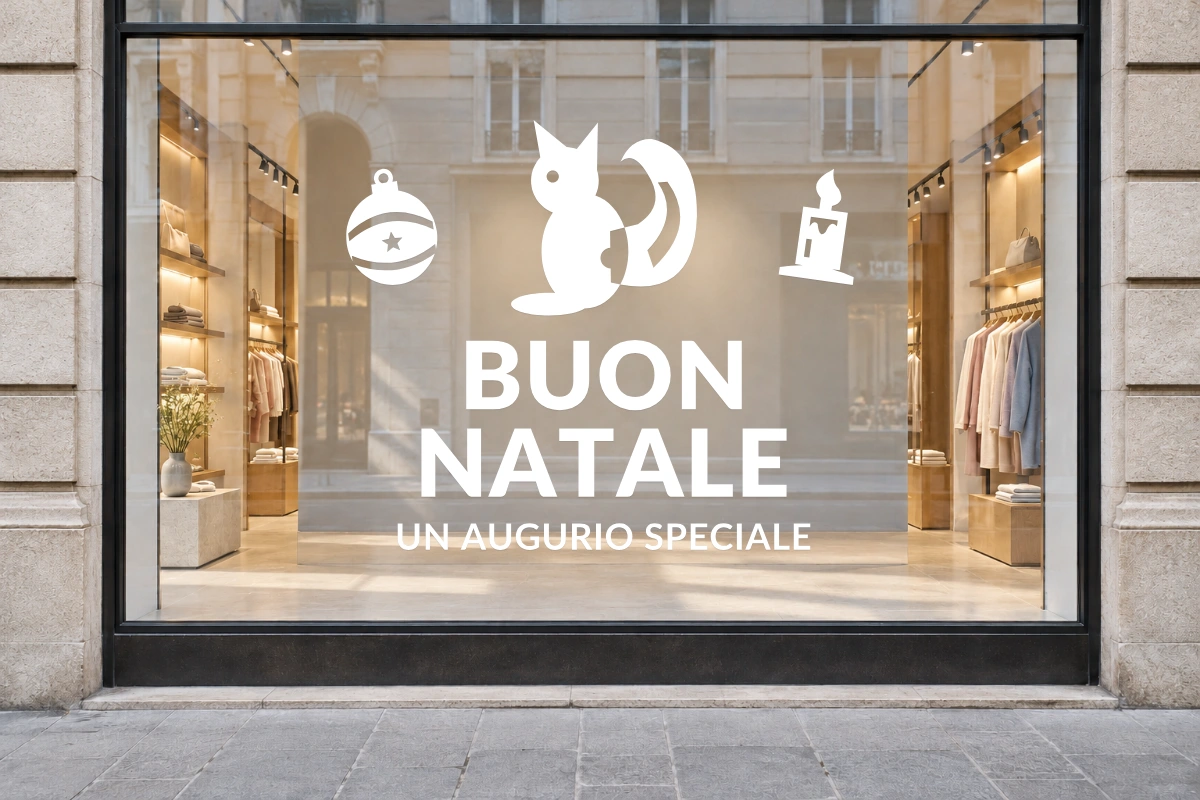 Scoiattolo delle ghiande - Emblema centrale - BUON NATALE - stesso adesivo sulla vetrina; scala indicativa