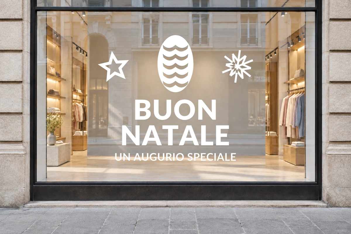 Pigna a scaglie - Emblema centrale - BUON NATALE - stesso adesivo sulla vetrina; scala indicativa