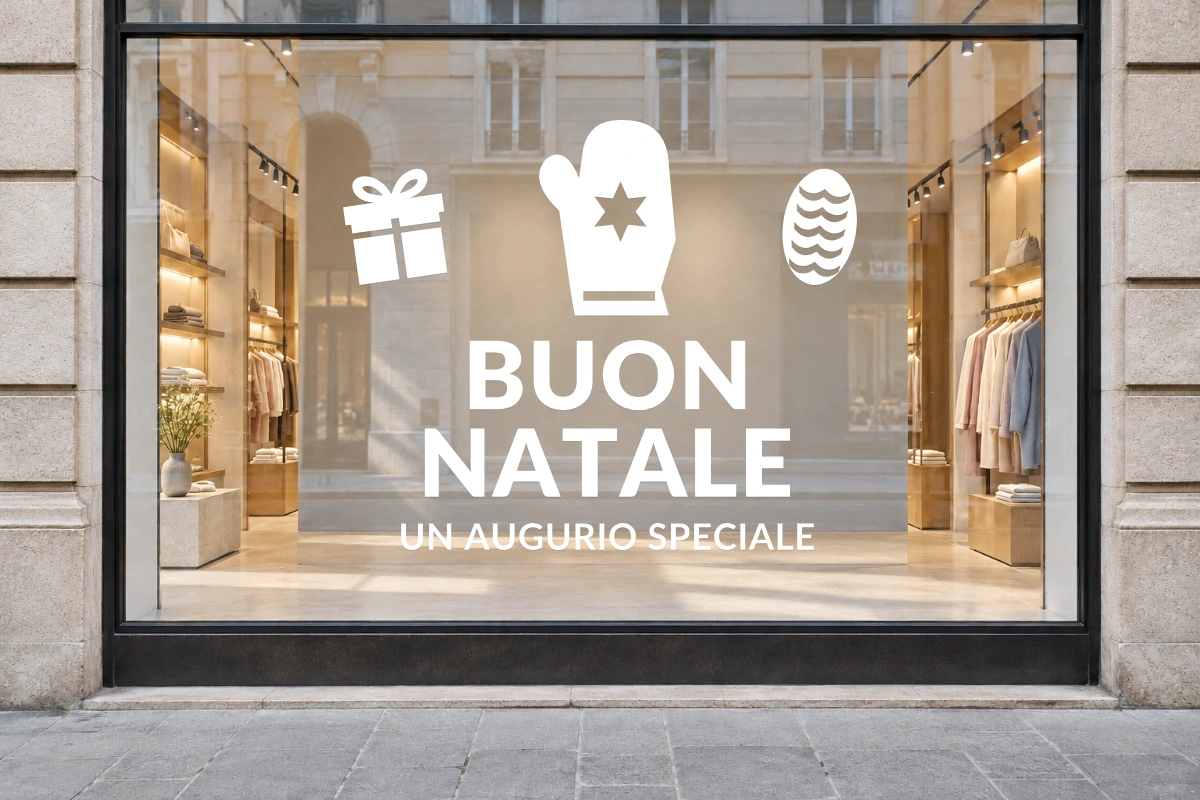 Guanto con cristallo - Emblema centrale - BUON NATALE - stesso adesivo sulla vetrina; scala indicativa