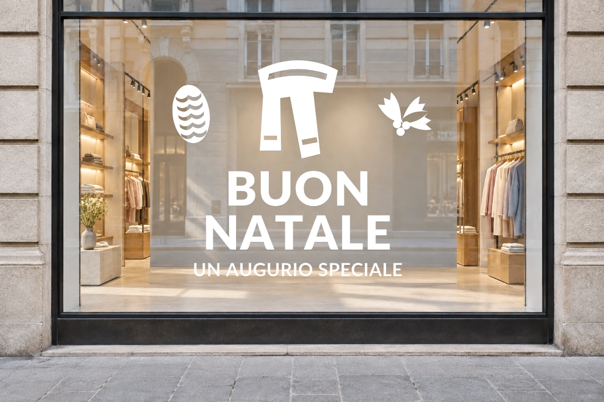 Sciarpa del freddo - Emblema centrale - BUON NATALE - stesso adesivo sulla vetrina; scala indicativa