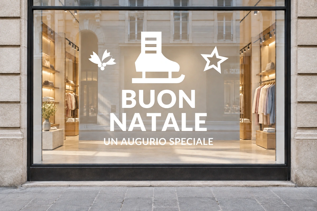 Pattino sul ghiaccio - Emblema centrale - BUON NATALE - stesso adesivo sulla vetrina; scala indicativa
