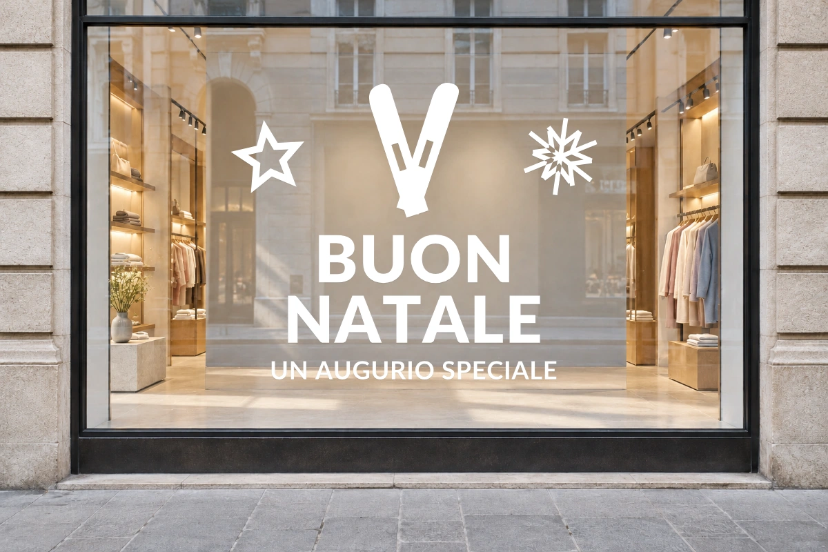 Sci incrociati - Emblema centrale - BUON NATALE - stesso adesivo sulla vetrina; scala indicativa