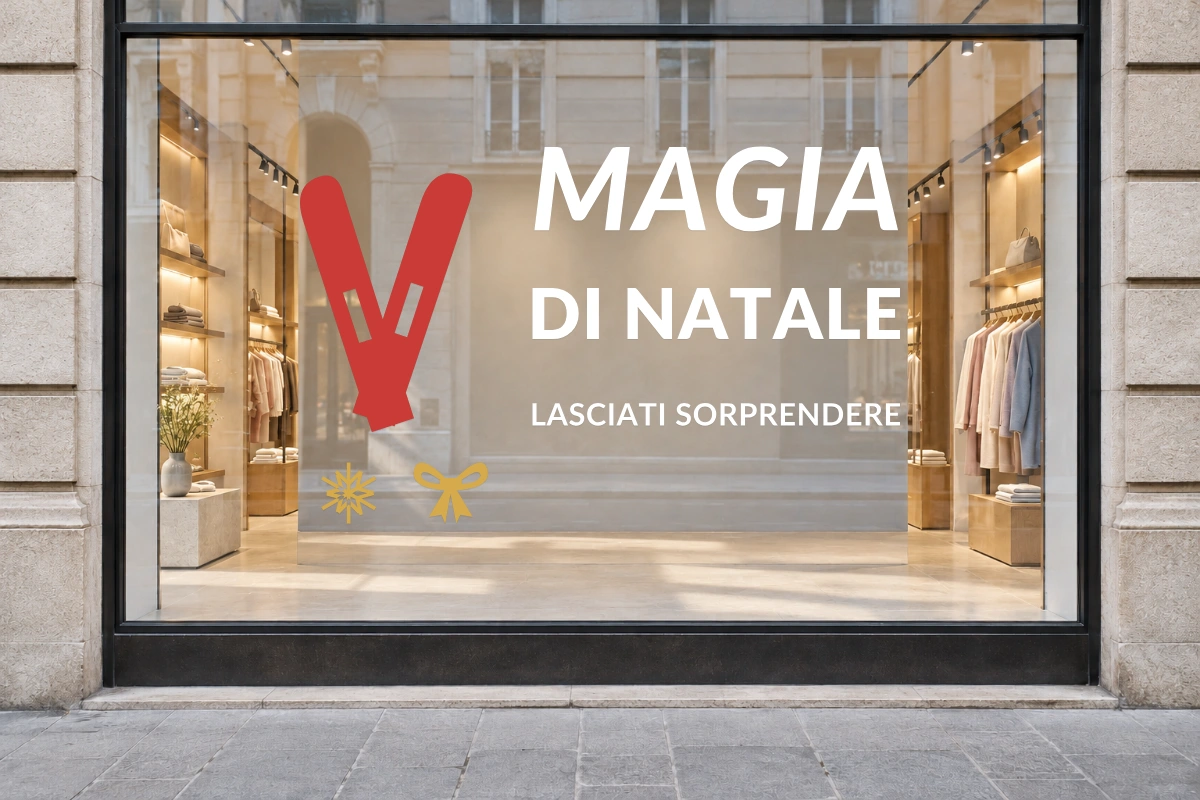 Sci incrociati - Insegna laterale - MAGIA DI NATALE - stesso adesivo sulla vetrina; scala indicativa