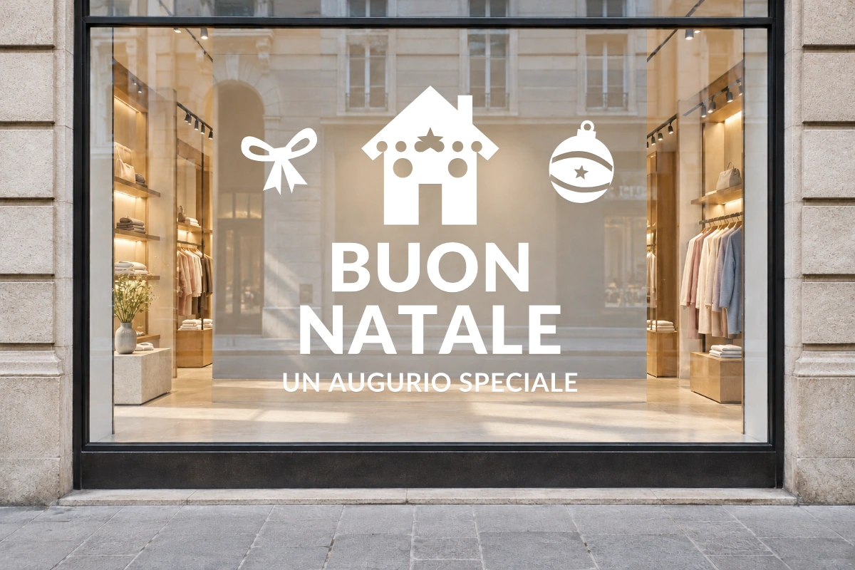 Casetta di biscotto - Emblema centrale - BUON NATALE - stesso adesivo sulla vetrina; scala indicativa