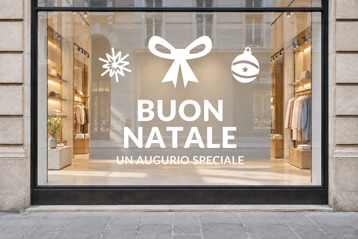 Fiocco delle vetrine - Emblema centrale - BUON NATALE - stesso adesivo sulla vetrina; scala indicativa